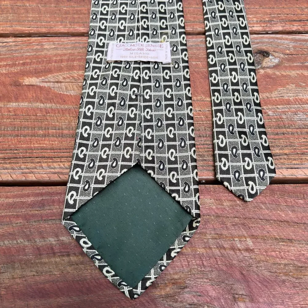 Vintage 90s Giacomo de Senese 100% Silk Tie Italian Sage Green Paisley 3.75”
